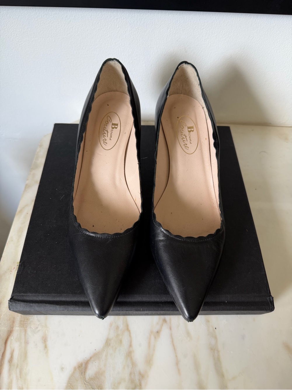 Black Scalloped Pointed-Toe Pumps